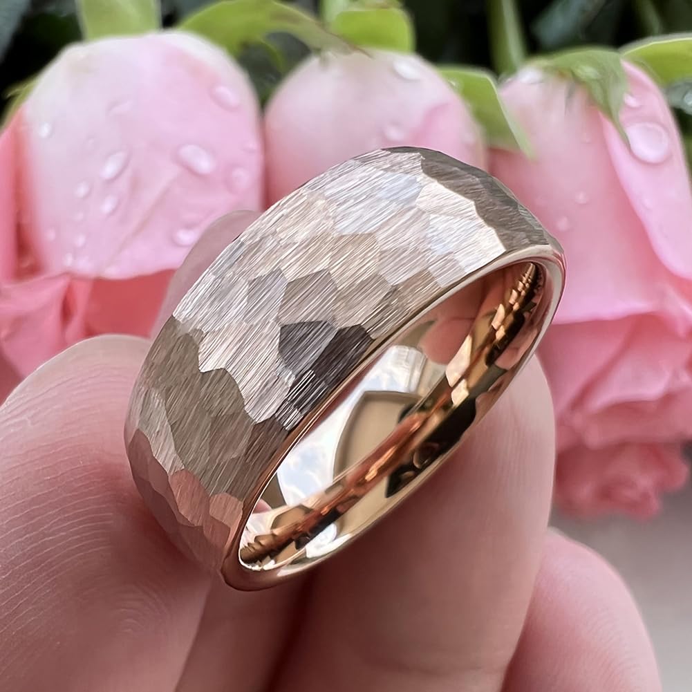 TUTISS 8mm Rose Gold Hammered Tungsten Rings for Men Women Engagement Wedding Bands Domed Matte Finish Comfort Fit Size 6