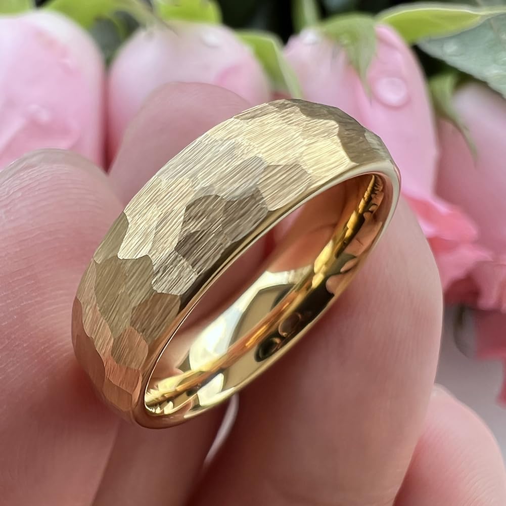 TUTISS 6mm Gold Hammered Tungsten Rings for Men Women Engagement Wedding Bands Domed I Love You Engraved Comfort Fit Size 9.5