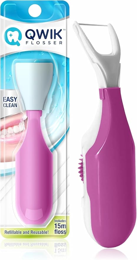 QWIK Automatic Dental Flosser | Click-to-Use, Reusable & Refillable | Pre-Loaded Floss with Travel Cover | Easy Flossing for Plaque Removal, Clean Teeth & Fresh Breath (Pink)
