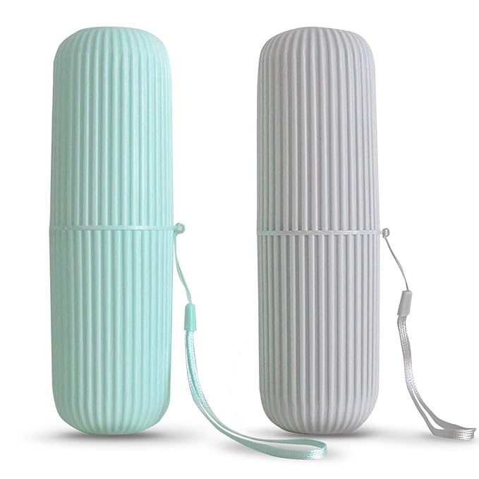 Sunenlyst 2Pcs Travel Toothbrush Holder, Portable Toothbrush Case for Traveling, Camping, Business Trip and School, Multifuction Plastic Toothbrushes Toothpaste Set with Two Colors, Green and Grey