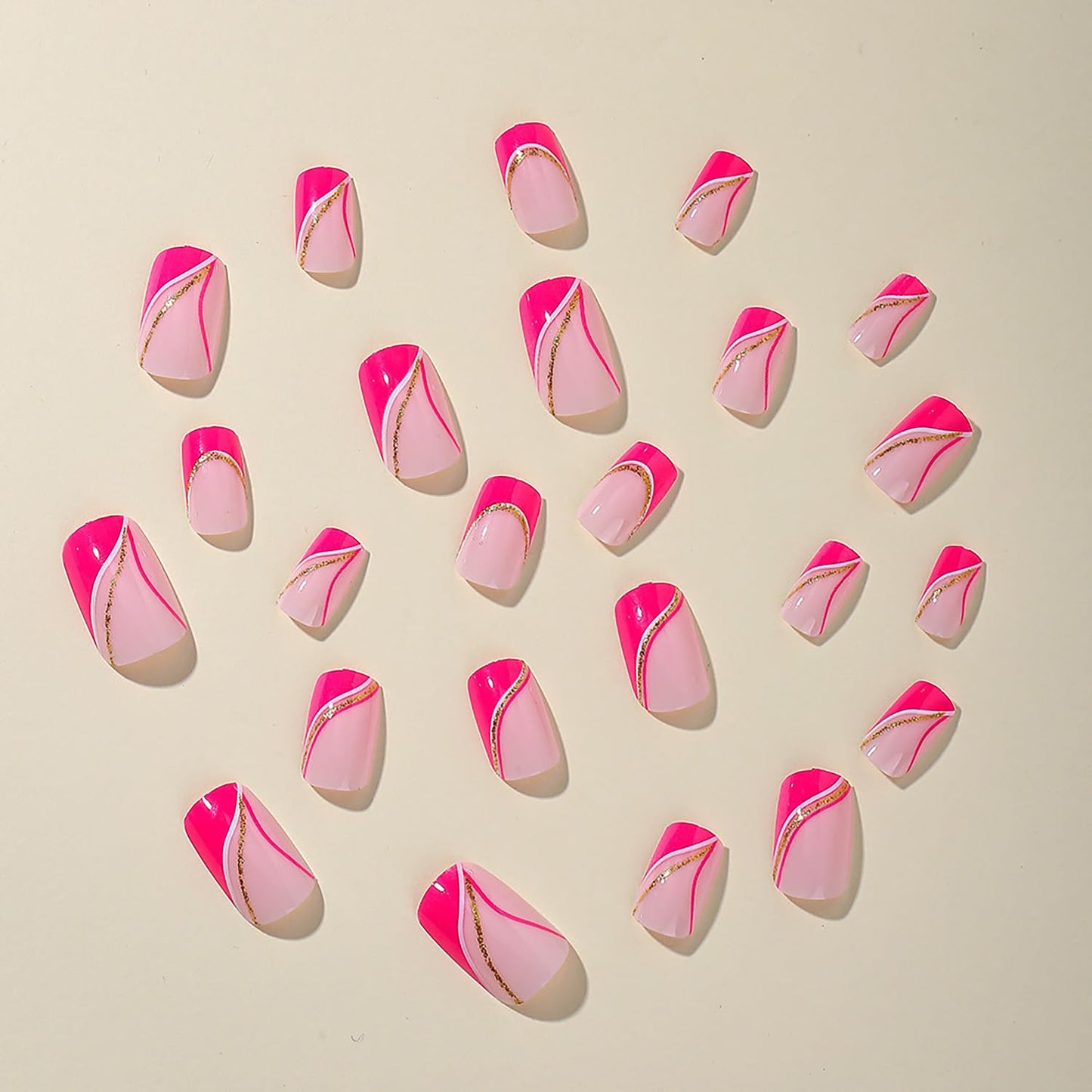 Vezocim Pink French Tips Press on Nails Square Shapes 24Pcs Glossy Full Cover Medium Acrylic Square False Nails with Gold Line Designs Artificial Coffin Fake Nails Glue Stick ons Fingernails for Women