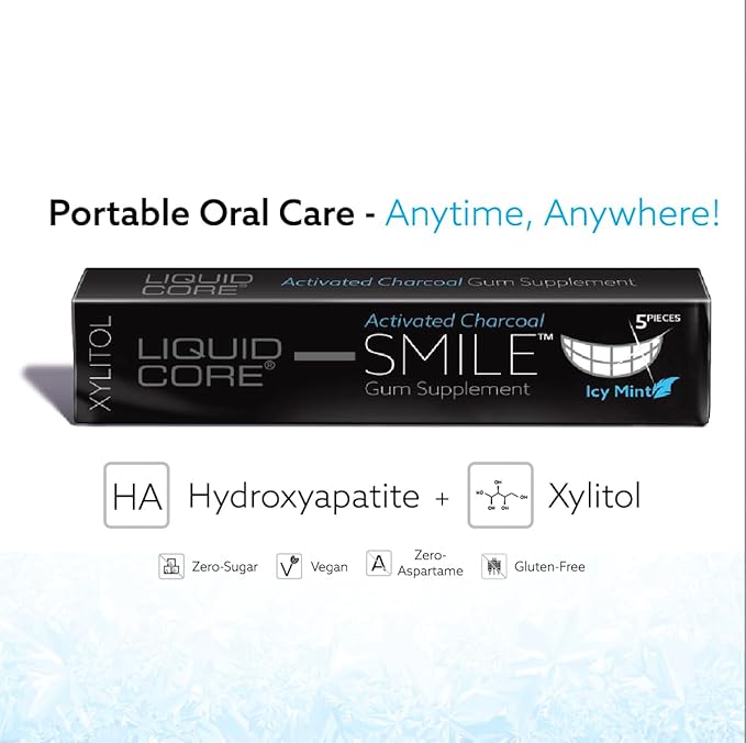 Liquid Core Smile Activated Charcoal Gum with MCT Oil, Hydroxyapatite, and Xylitol – Teeth Cleaning Gum, Icy Mint Sugar-Free Gum (15 Pack)