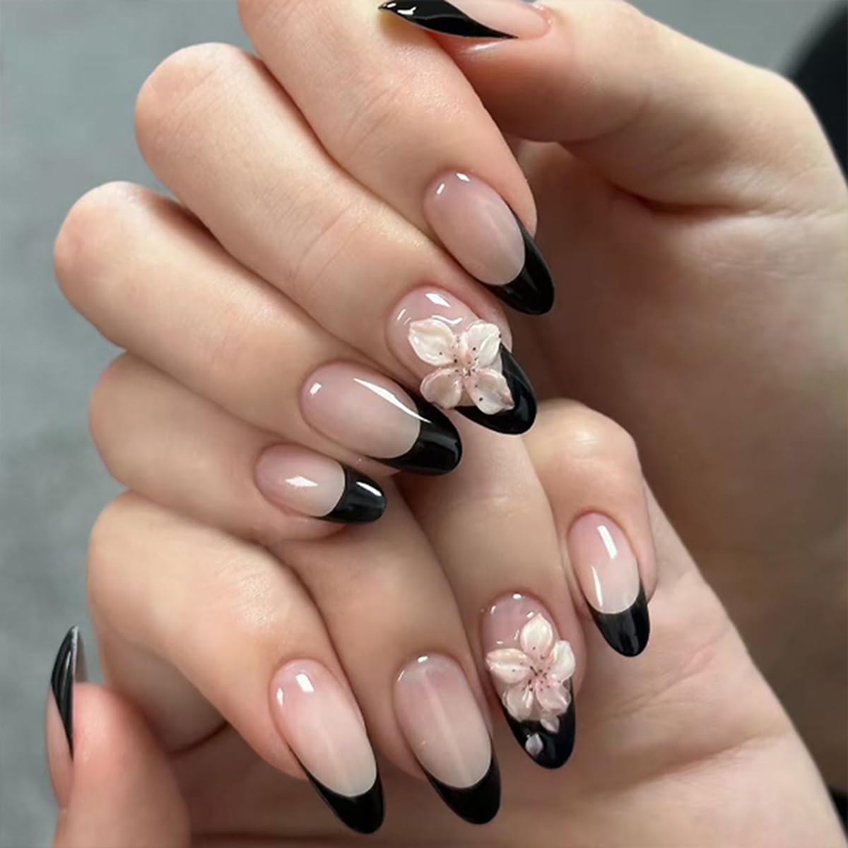 Black French Tip Almond Press On Nails with Glue, Glossy Acrylic Fake Nails with 3D Flower Accent, Medium Stick On False Nails for Women, Reusable Artificial Nails, 24 Pieces Set