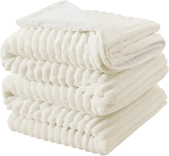 INFIIXSO Sherpa Fleece Queen Size Blanket - Super Soft & Warm Striped Fleece, Cozy Plush Fluffy Large Bed Blanket All Season Use (Cream, 90x90 Inches)