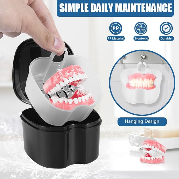 Black Denture Bath Case Cup Box Holder Storage Soak Container with Strainer Basket for Travel Cleaning