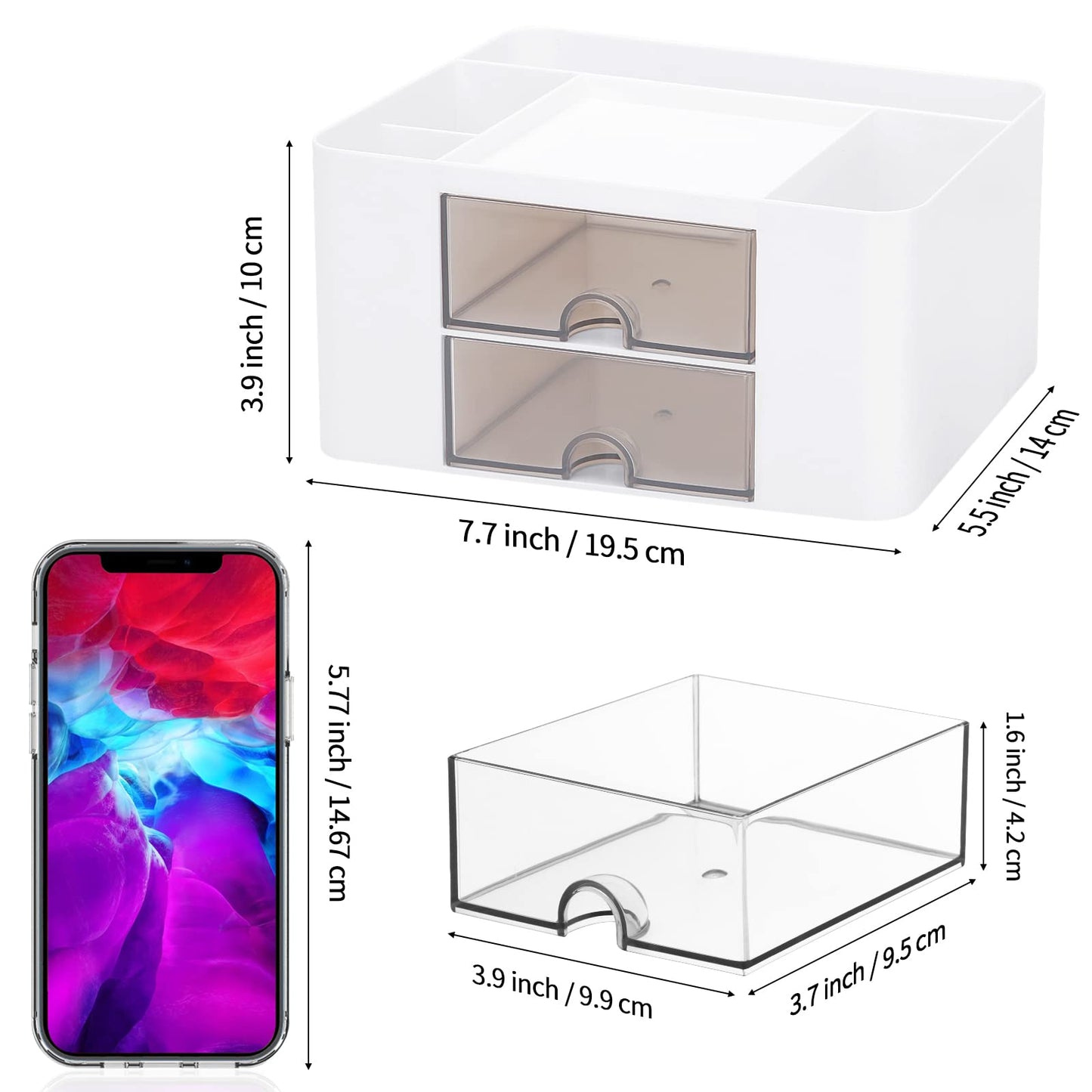 Desk Organizer with 2 Drawer, Plastic Desktop Pen Pencil Card Holder Storage Box for Desk, Office Supplies, Vanity Table Office School Home (White)