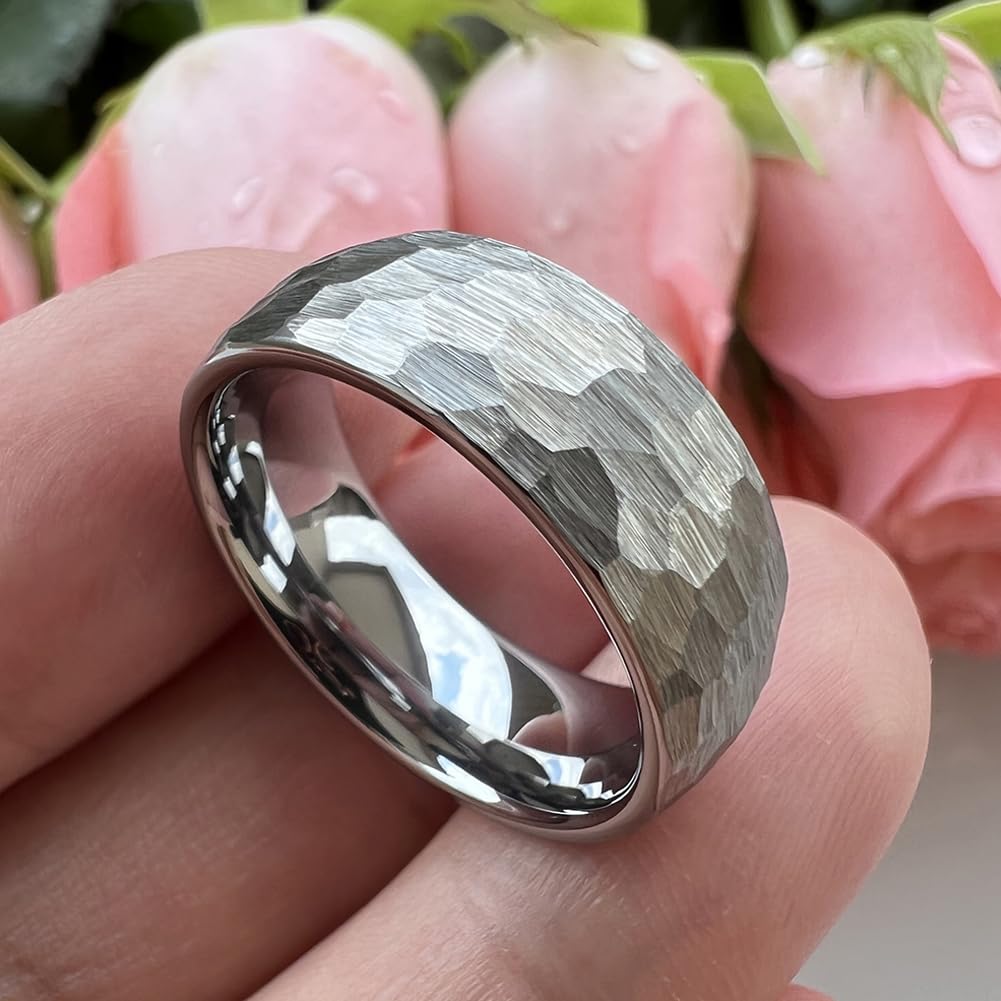 TUTISS 8mm Hammered Tungsten Rings for Men Women Fashion Engagement Wedding Bands Domed Matte Finish Comfort Fit Size 6