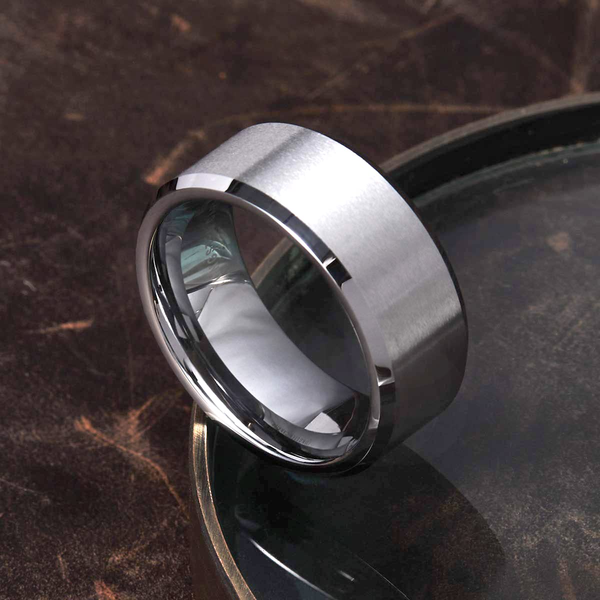 King Will 8mm Men's Silver Wedding Ring - Brushed Matte Surface, Beveled Polished Edge, Comfort Fit Size 15