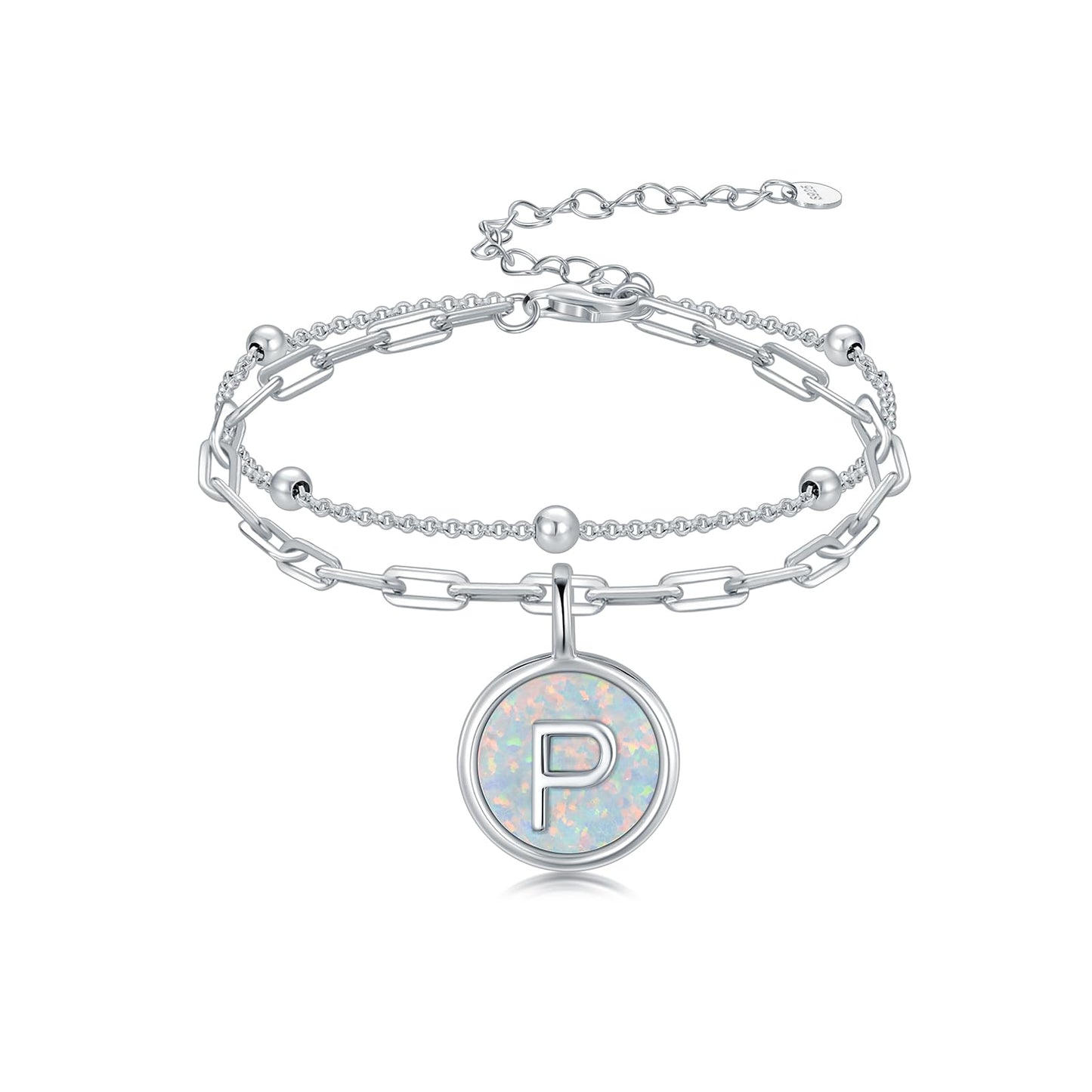 LWQQWL Initial P Bracelet for Women 925 Sterling Silver Layered Initial Bracelet Opal Letter 26 Alphabet Jewelry Christmas Gifts