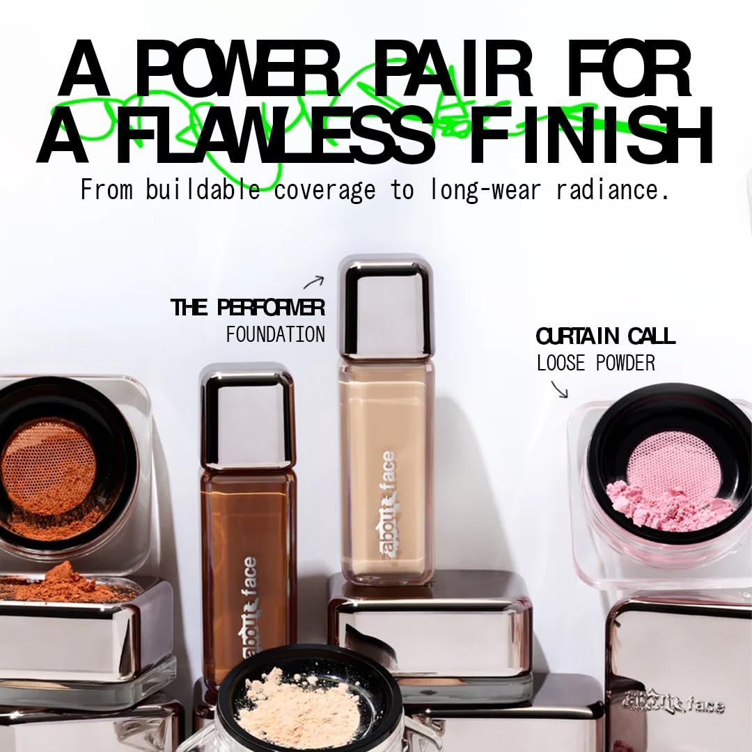 about-face Curtain Call Set & Smooth Loose Powder Applause – Lightweight, Oil-Absorbing Setting Powder with Rice Starch & Corn-Based Talc Alternative – Vegan, Cruelty-Free – 0.35oz (Deep)