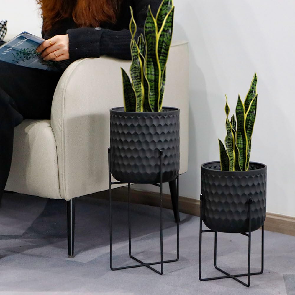 TRIROCKS Set of 2 Planters with Stand Indoor Outdoor Metal Plant Stand 8 * 18 &7 * 12 "Modern Planters Flower Pots for Living Room Corner Kitchen Office Garden Balcony Patio Decor(Black)
