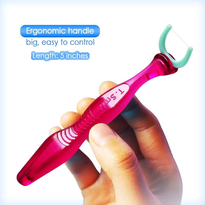 T.Smile NoFuss Dental Flosser Kit, 5-inch Long Handle & Refill Heads, Extra-Strength Floss for Comfortable Clean, Fluoride Free (1 Red Handle + 100 Refills)