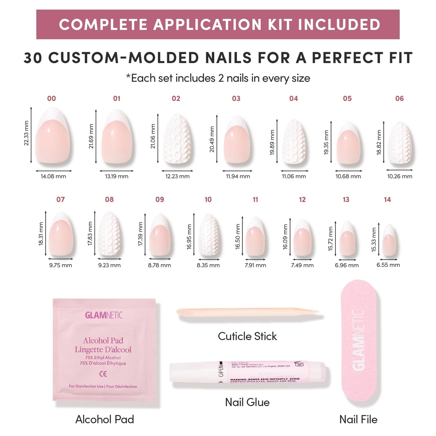 Glamnetic Press-On Nails Bundle - Sweater Weather, Cold Hearted & Velvet Pine | Short Almond Fake Nails with White Glitter French Tips & 3D Designs | Short Almond Fake Nails with Heart Accent and Pale