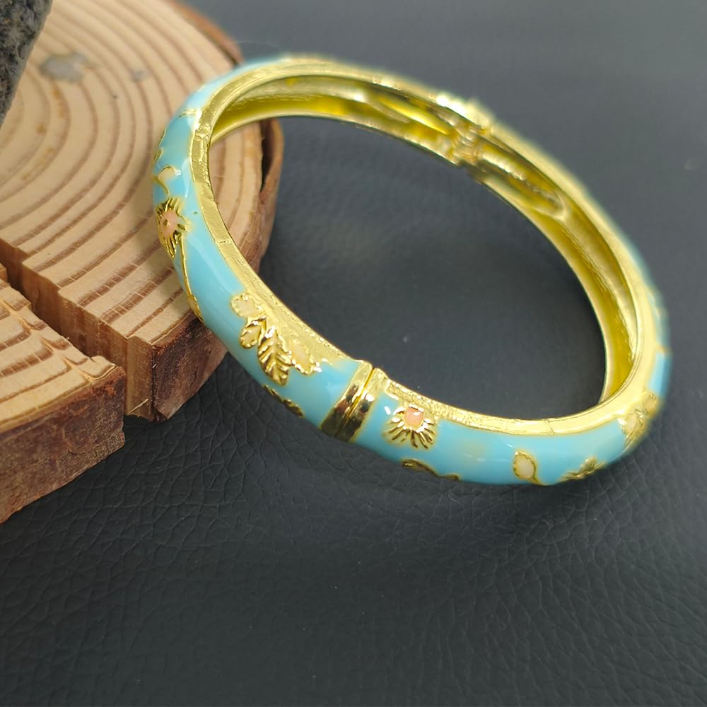 Cloisonne Bracelet For Women, Chunky Bangle Trendy Cute Flower Enamel Bangles Multi Tone Engraved Cuff Gold Plated Bracelets Stackable Wife Jewelry Friendship Gift (Blue&Dark Green Set, One Size)