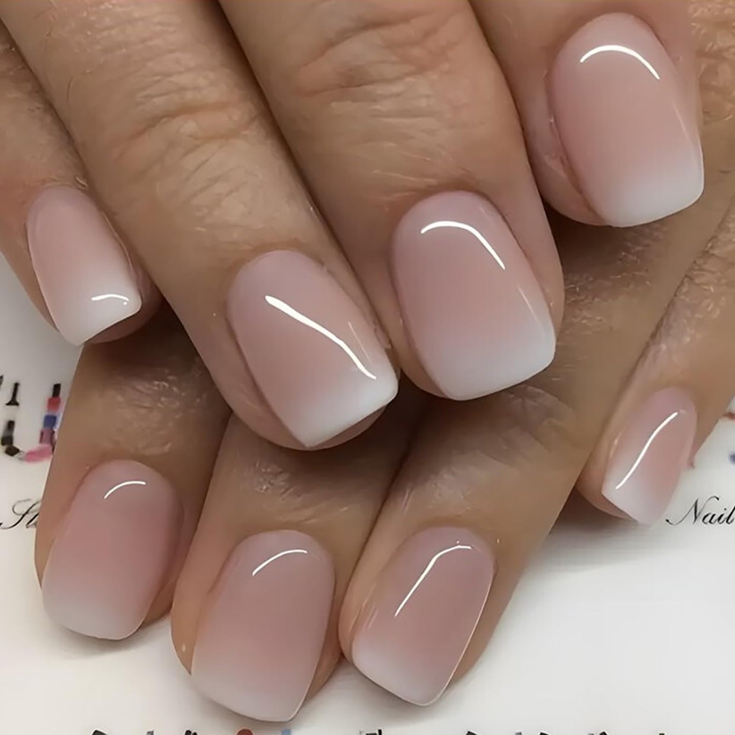 Press on Nails Short Square MABKJLF Fake Nails Full Cover Pink & White Gradient False Nails Glossy Glue on Nails Stick on Nails Acrylic Nails Artificial Nails for Women Girls 24Pcs