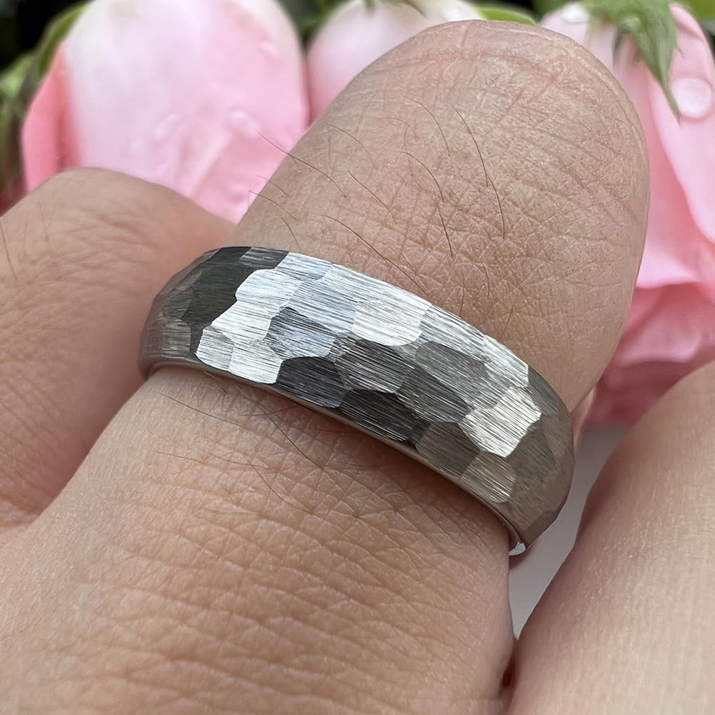 TUTISS 6mm Hammered Tungsten Rings for Men Women Fashion Engagement Wedding Bands Domed Matte Finish Comfort Fit Size 8