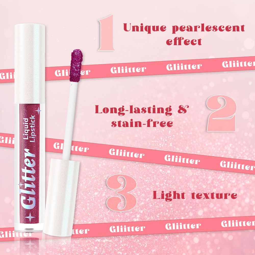 Dark Purple Metallic Lipstick for Women,Lightweight Glitter Sparkling Liquid Lipsticks,Shimmer Lip Gloss Stain Long Lasting Waterproof Smudge Proof Non-Drying 24 Hour Full Coverage Lip Makeup,Vegan