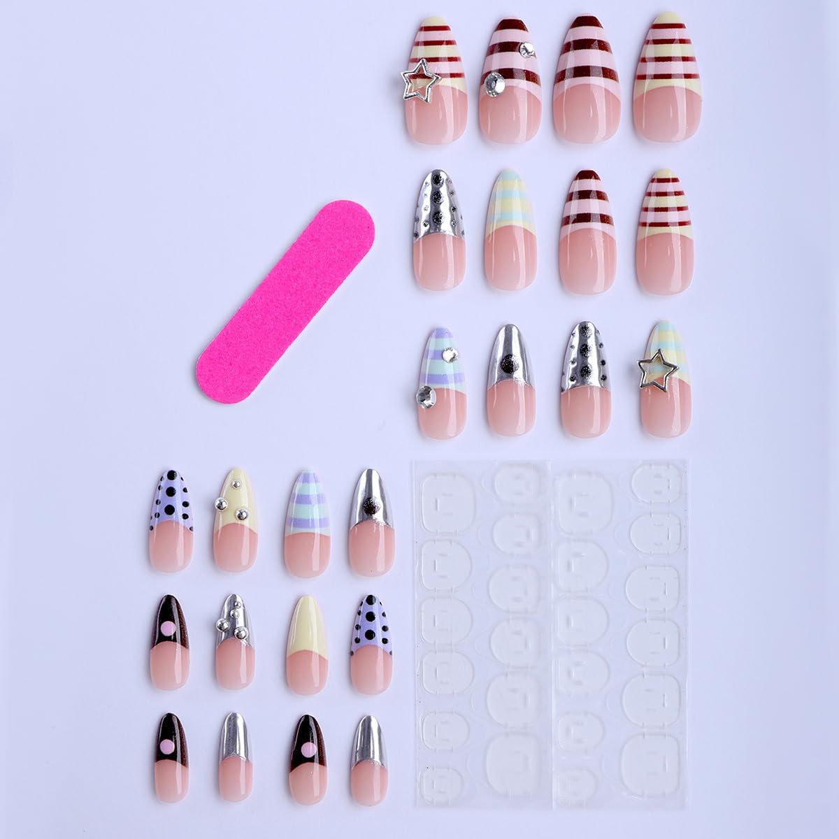 plalely Almond Press on Nails Medium Colorful Fake Nail Polka Dot with Silver Star Design Acrylic Nail Press ons Y2K Stick on Nail for Women 24pcs