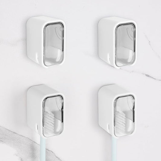 4 Pack Toothbrush Holders for Bathrooms Shower, Wall Mount Toothbrush Organizer with Cover, Self Adhesive Electric Toothbrush Storage, Quick Dry Toothbrush Hanger (Grey)