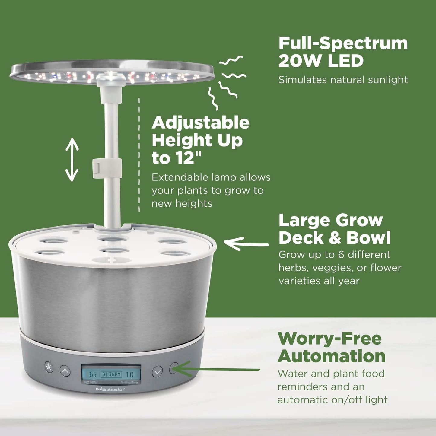AeroGarden Harvest Elite 360 Indoor Garden Hydroponic System with LED Grow Light and Herb Kit, Holds up to 6 Pods, White