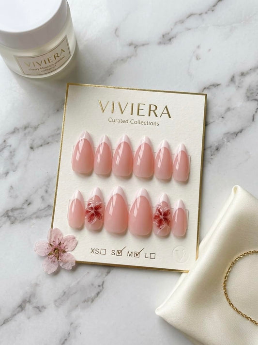 Viviera Handmade Press-On Nails, Nude Pink with Floral Accents, Almond Shape, 12 Piece with Manicure Kit