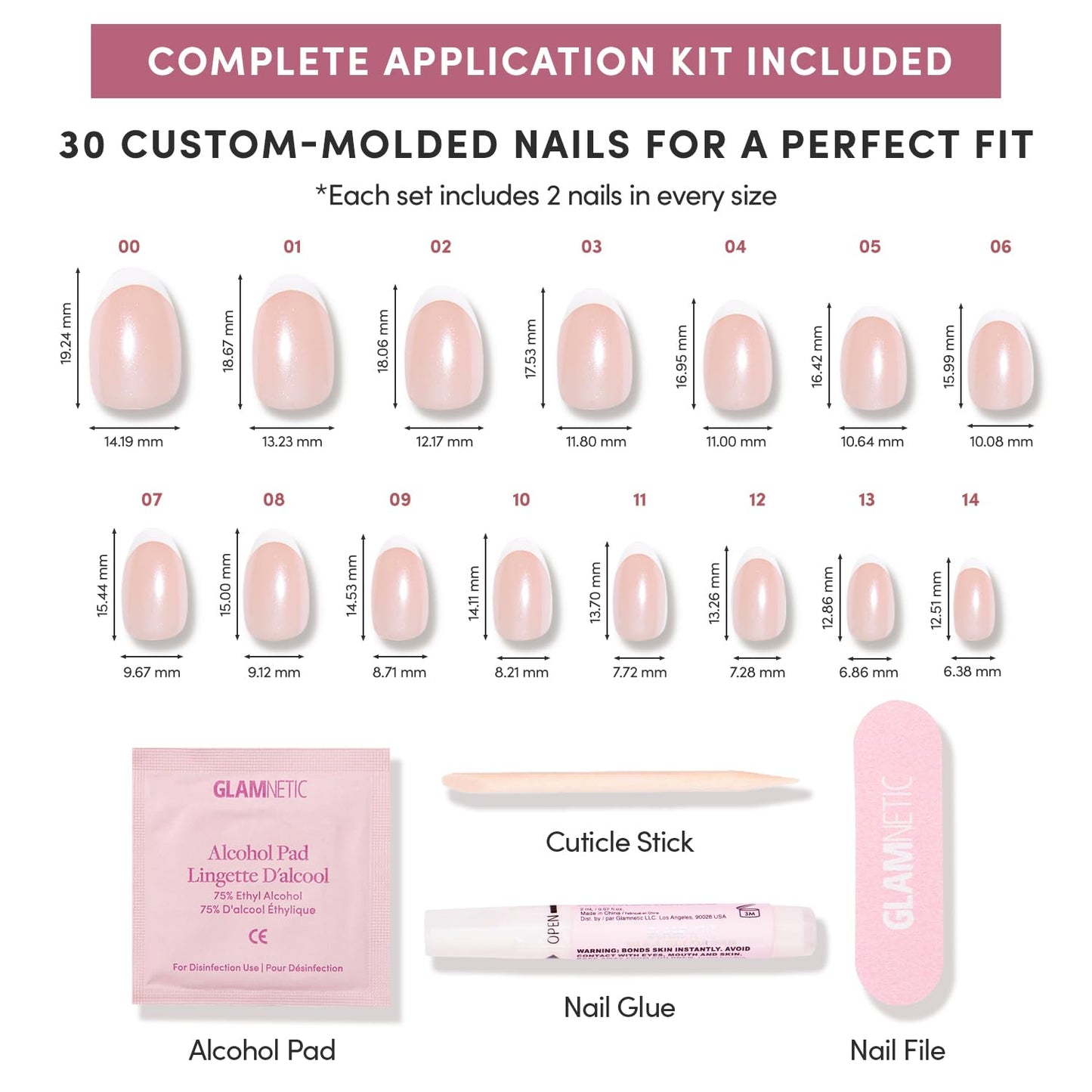 Glamnetic Press On Nails - Short Oval Fake Nails, White French Tip Nails, Pearlfect | 15 Sizes - 30 Nail Kit with Glue | Gift for Mom