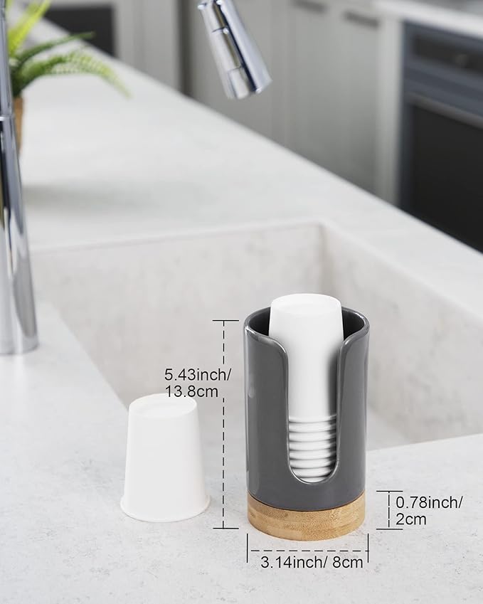 Ceramic Bathroom Cups Dispenser - 3-5 oz Disposable Paper & Plastic Cups Holder - Mouthwash Cups Dispenser for Countertop, Guest Toiletries - BPA Free (Grey, 2 Pack)