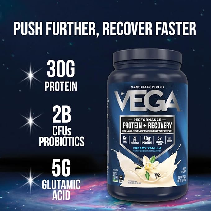 Vega Sport Vegan Protein Powder + Recovery - 30g Plant Based Protein per Serving, Peanut Butter, 45 Servings, 5g BCAAs, Probiotics, NSF Certified, For Shakes & Smoothies, 4.2lbs (Packaging May Vary)