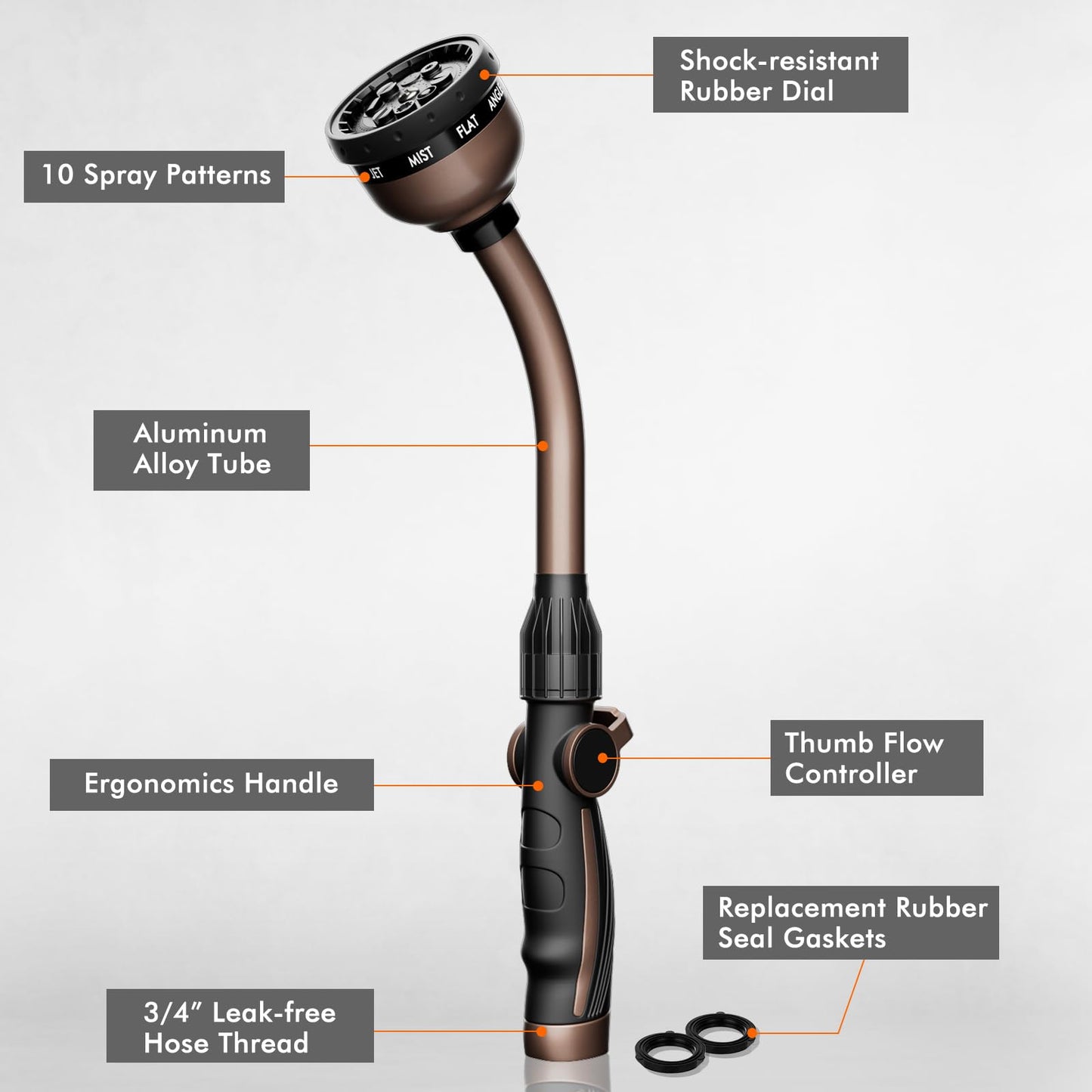 RESTMO Watering Wand, Heavy Duty Metal Garden Hose Wand with Thumb Flow Control, 15-Inch Long Hose Nozzle Sprayer with 10 Spray Patterns, Ideal to Water Hanging Baskets and Shrubs, Oil Rubbed Bronze