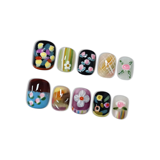 Hantyer Colorful Hand-Painted Floral Press on Nails - Sweet Oil Painting Style Short Squoval Glossy Fake Nails, Reusable Elegant Vintage False Nails for Women Fall Winter Season Party, Size L