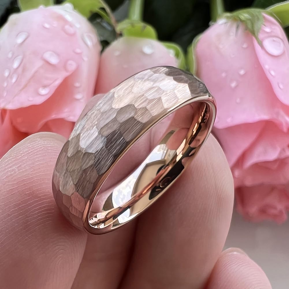 TUTISS 6mm Rose Gold Hammered Tungsten Rings for Men Women Engagement Wedding Bands Domed I Love You Engraved Comfort Fit Size 6