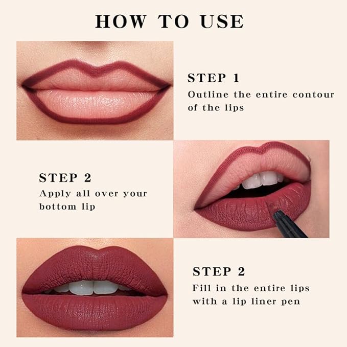 Kaely 3Pcs Dark Red Rose Pink Cherry Red Longwear Liquid Lip Liner Waterproof, 24 Hour Long Lasting Lip Liner Stain Marker Pen, 2-in-1 Matte Semi Permanent Lipliner & Lipstick, 01+04+06