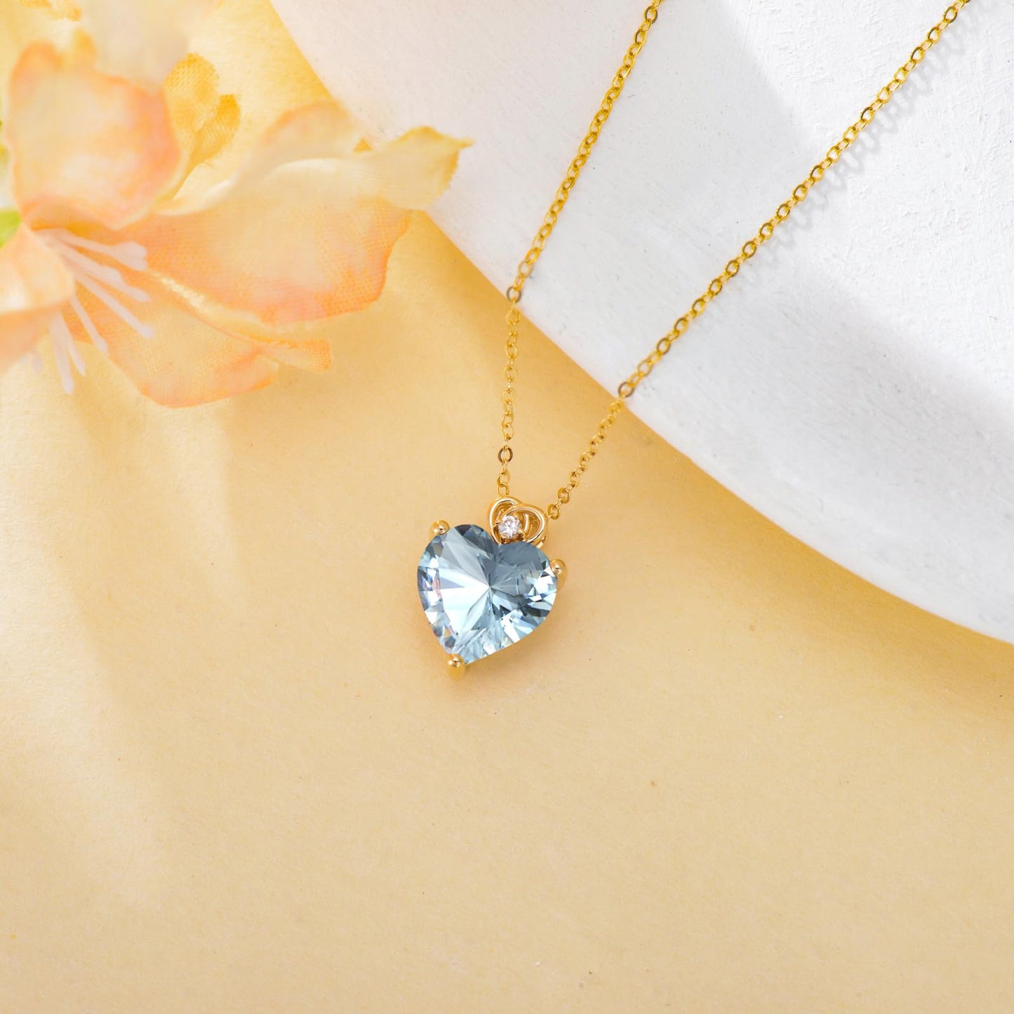 NFYBD 14k Gold Love Heart Aquamarine Birthstone Pendant Necklace for Women 3 Carat Heart-cut Created Gemstone Anniversary Birthday Mother's Day Necklaces for Her 16+1+1 inch-Mar