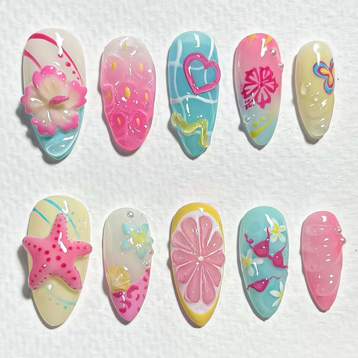 30Pcs Summer Press on Nails Almond Fake Nails Colorful Shell Starfish Flower Butterfly Heart Design Summer Beach Glue on Nails 3D Pearl Floral Acrylic Nails Press ons False Nails for Women