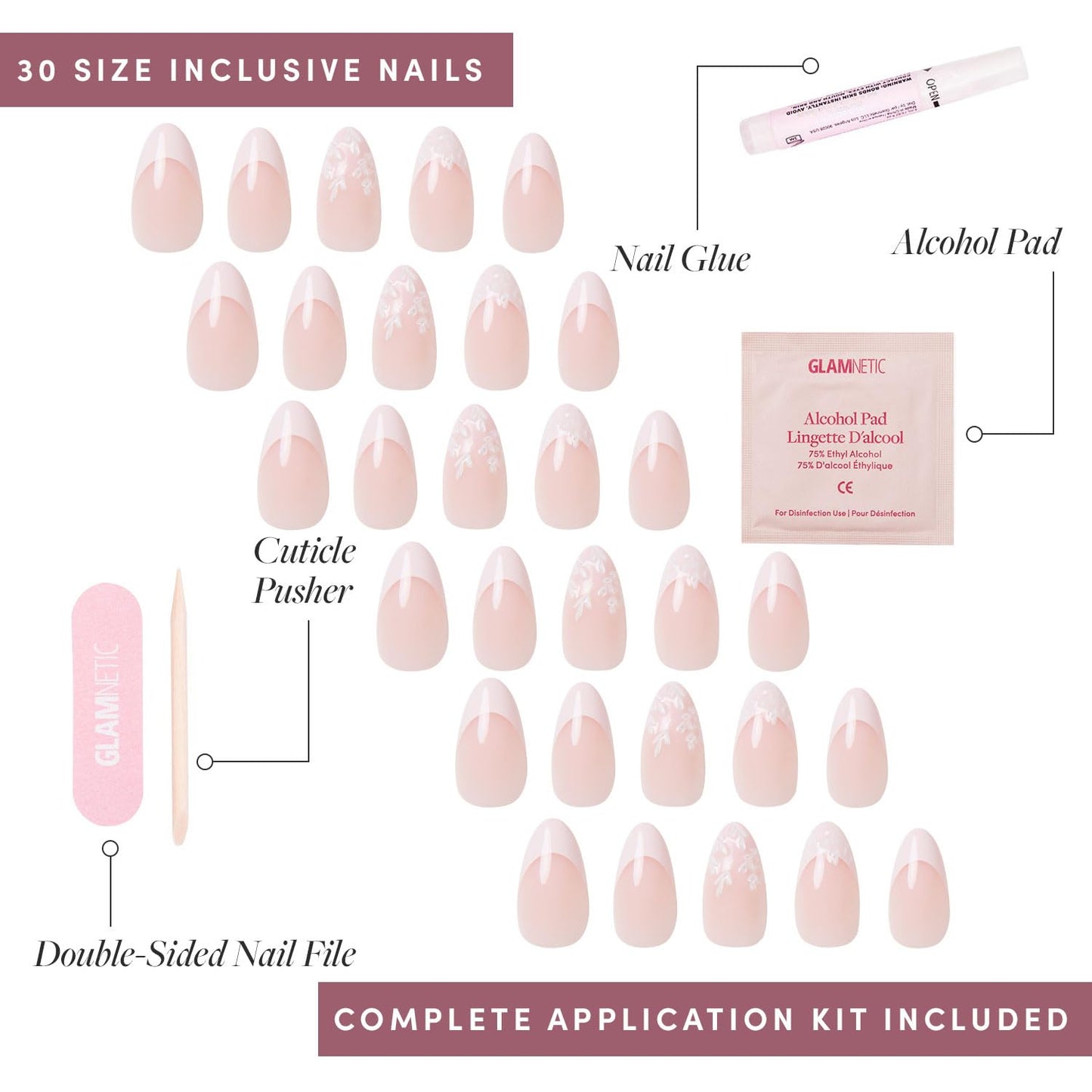 Glamnetic Press-On Nails Bundle - All Time Love & Fairy Dust | Short Almond Fake Nails with French Tips and Leaf Accents | Short Oval Beige-Pink False Nails with a Metallic Finish | Reusable, Salon-Q