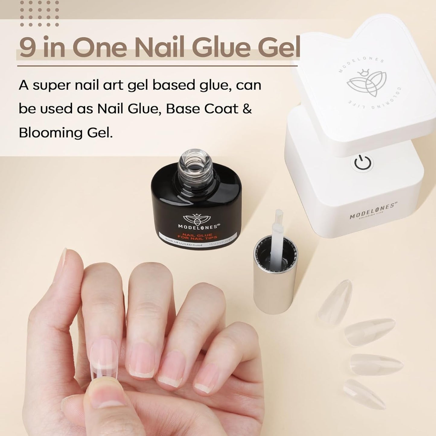 Modelones 9 in One Nail Glue Polish Set Brush On Gel Nail Glue 15ml for Rhinestone, Base Gel, Blooming Nail Art Gel Nail Kit Strengthener Treatment for Weak and Damaged Acrylic Nails U V Lamp Needed