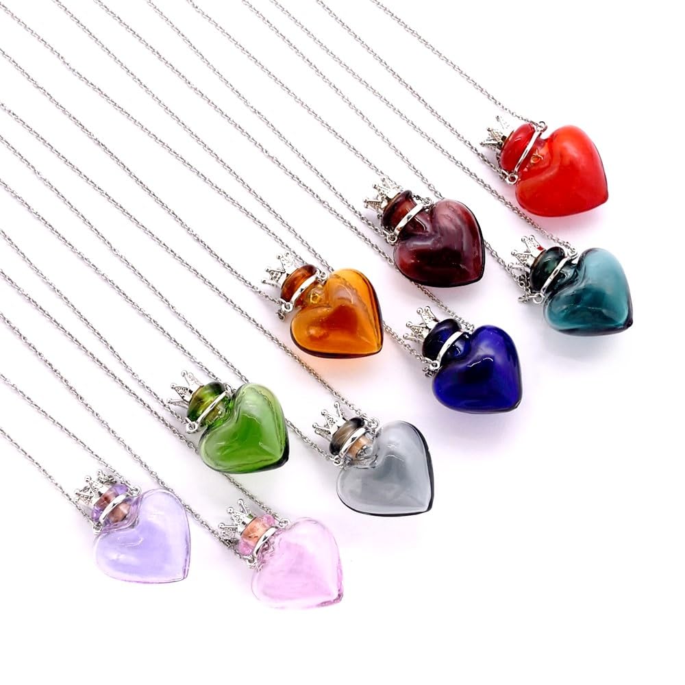 CoolDIY Glaze Glass Heart-Shaped Refillable Essential Oil Necklace Pendant - Aromatherapy Perfume Diffuser Pendant with Stainless Steel Chain (Light Blue)