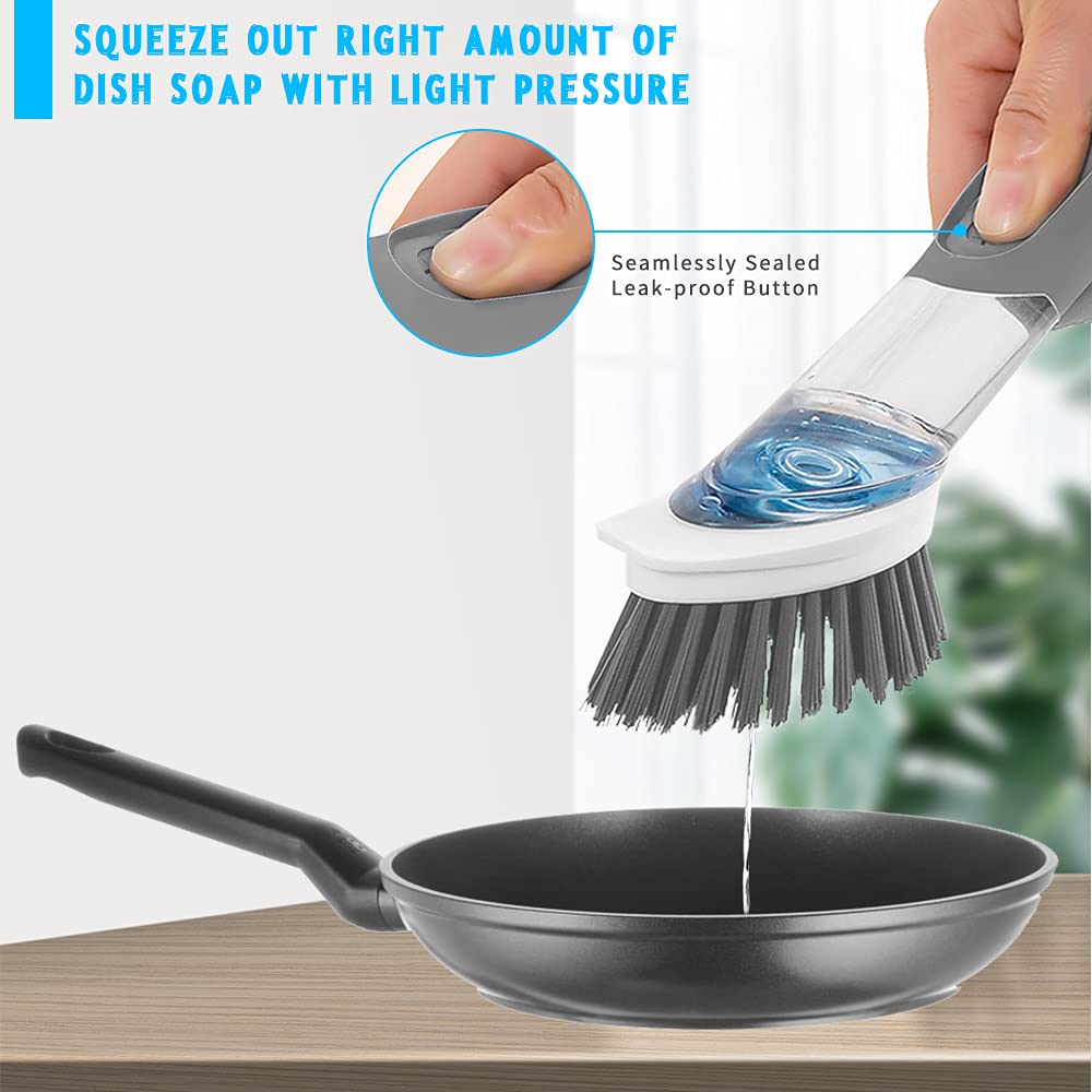 QUTHZZHY 4-in-1 Dish Cleaning Brush Soap Dispensing Dish Brush Set with 4 Replacement Heads and Storage Holder, Kitchen Scrub Brush for Dish Pot Pan Sink Cleaning (Grey)