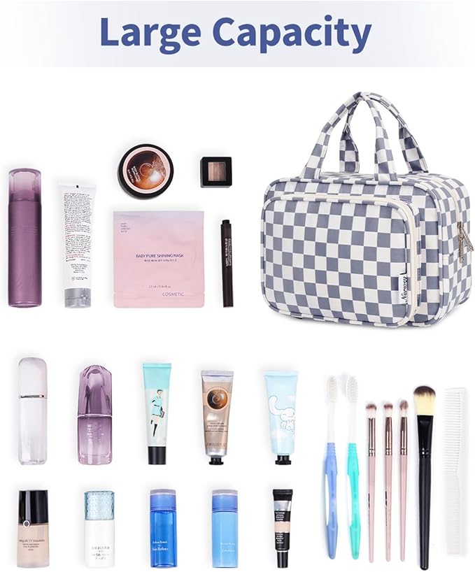 Narwey Large Travel Toiletry Bag for Traveling Women, Cosmetic Makeup Bag Make Up Organizer, Checkered Travel Bag for Toiletries with Handle (Grayish Blue Checkerboard)