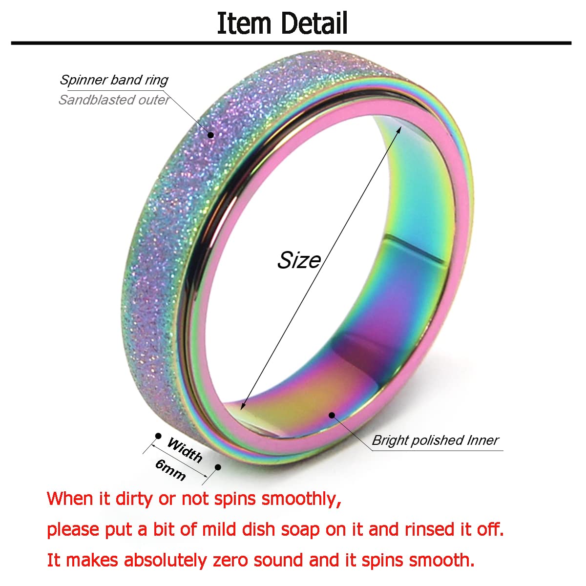 Anxiety Ring for Women Fidget Spinner Rings Fidget Toys Adults Titanium Stainless Steel Thumb Ring 6mm Wide Rainbow Size 10