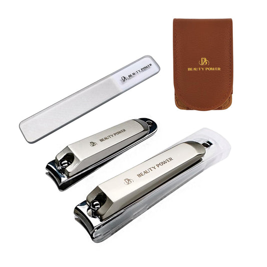 Beauty Power Nail Clippers Set 3 in 1 - Stainless Steel Toe Nail Clippers, Fingernail Clipper, Glass Nail File, Anti Splash, Ergonomic Grip in Brown PU Leather Travel Case for Men & Women - Gift Idea