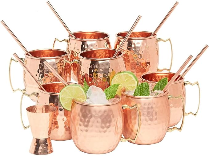 [Gift Set] Moscow Mule Copper Mugs Set of 48 (16oz) w/Straws & Jigger | 100% Pure Copper Cups, Tarnish-Resistant Food Grade Lacquered Finish, Ergonomic Handle (No Rivet) w/Solid Grip