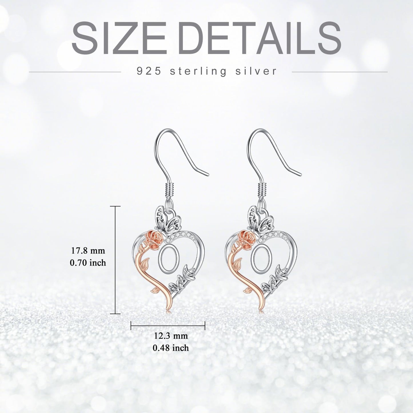 TOUPOP Rose Heart Initial Earrings Sterling Silver Butterfly Earring Initial O Letter Drop Dangle Earrings Jewelry Anniversary Birthday Mothers Day Gifts for Women Mom Wife Girlfriend Her