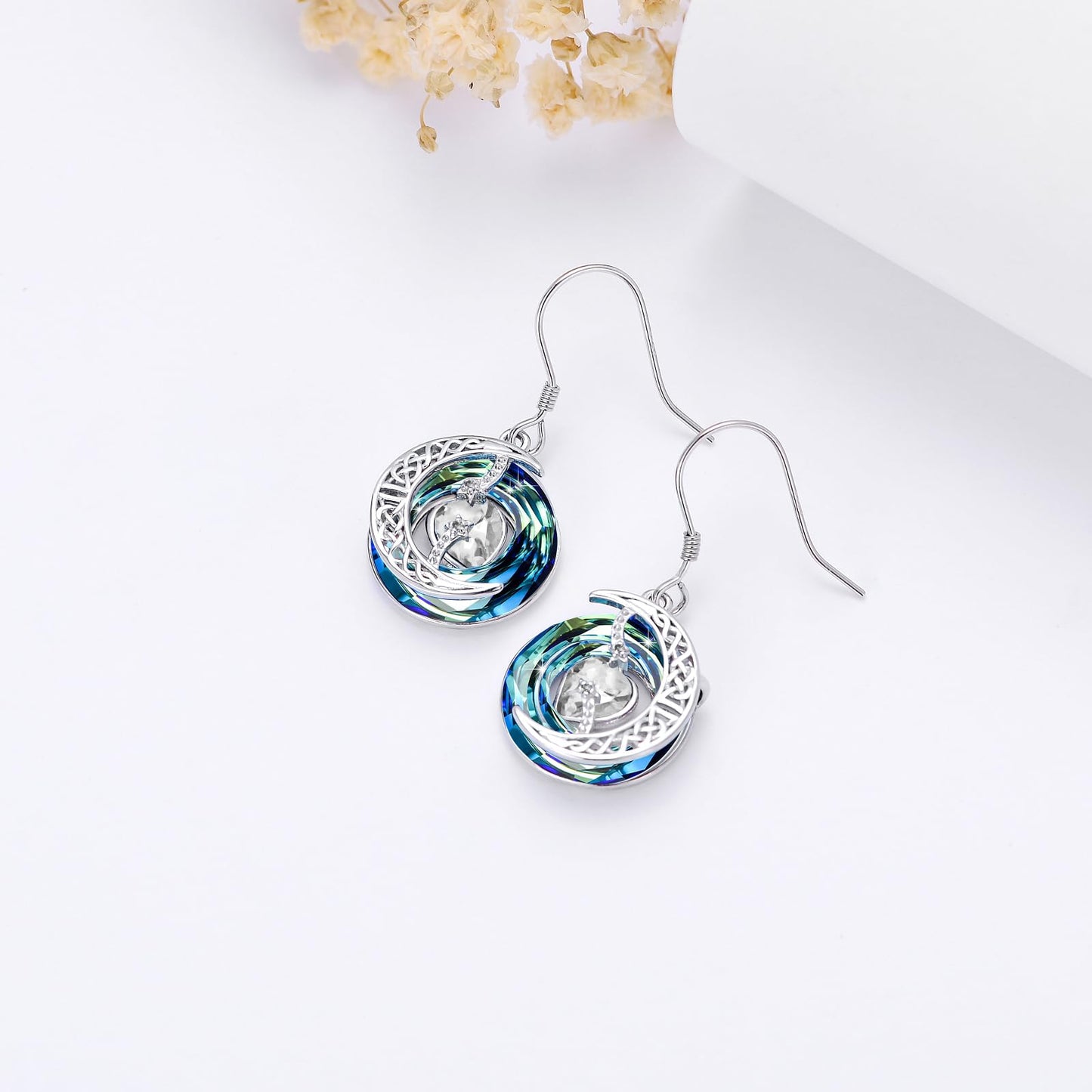 TOUPOP Synthetic Diamond Earrings April Birthstone Earrings Sterling Silver Moon and Star Drop Dangle Earring Jewelry Blue Crystal Birthday Mothers Day Gifts for Women Mom Her