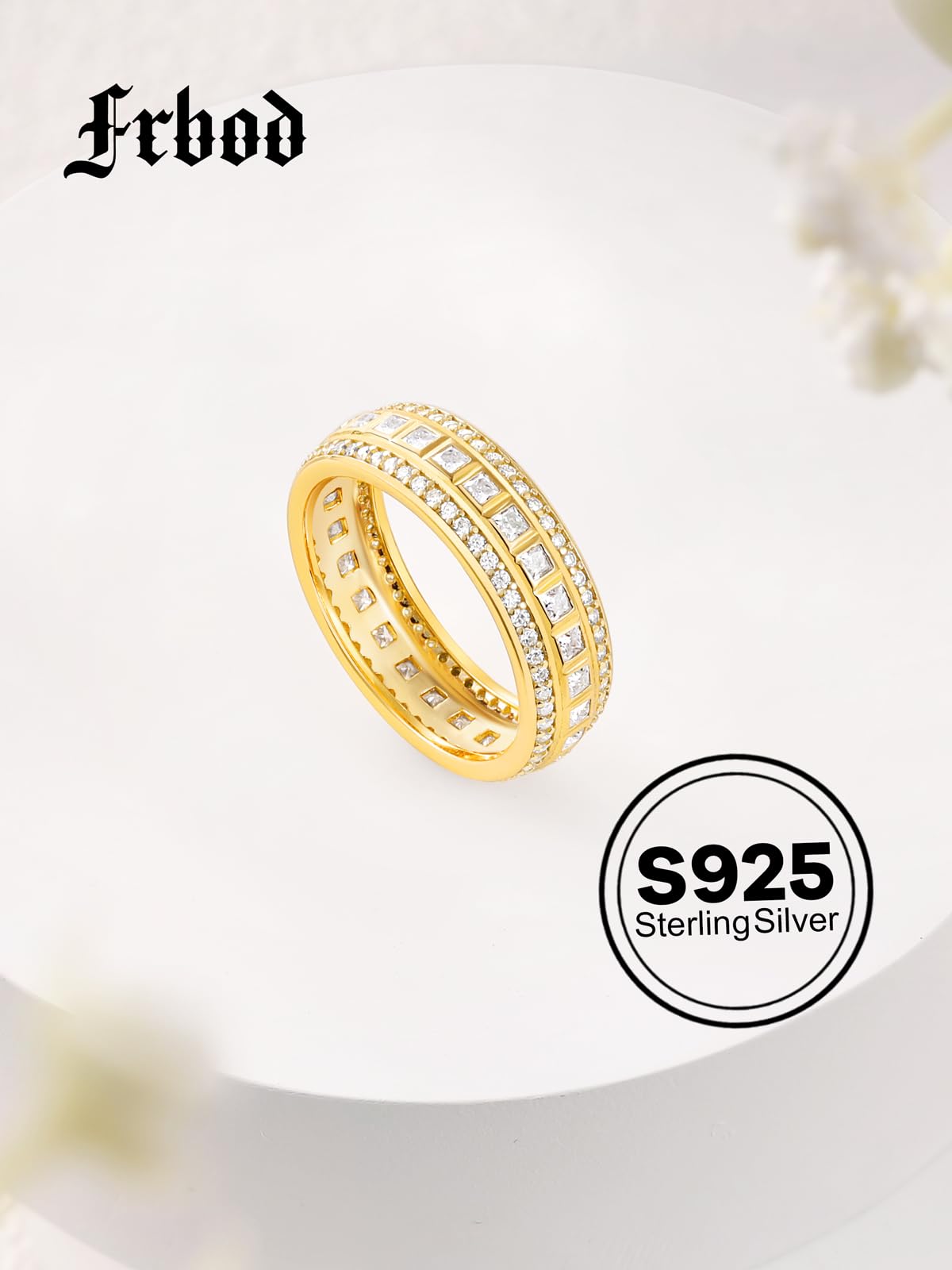 Frbod Moissanite Engagement Ring for Women Eternity Diamond Row Band Yellow Gold Plated Bezel Rings Size 11