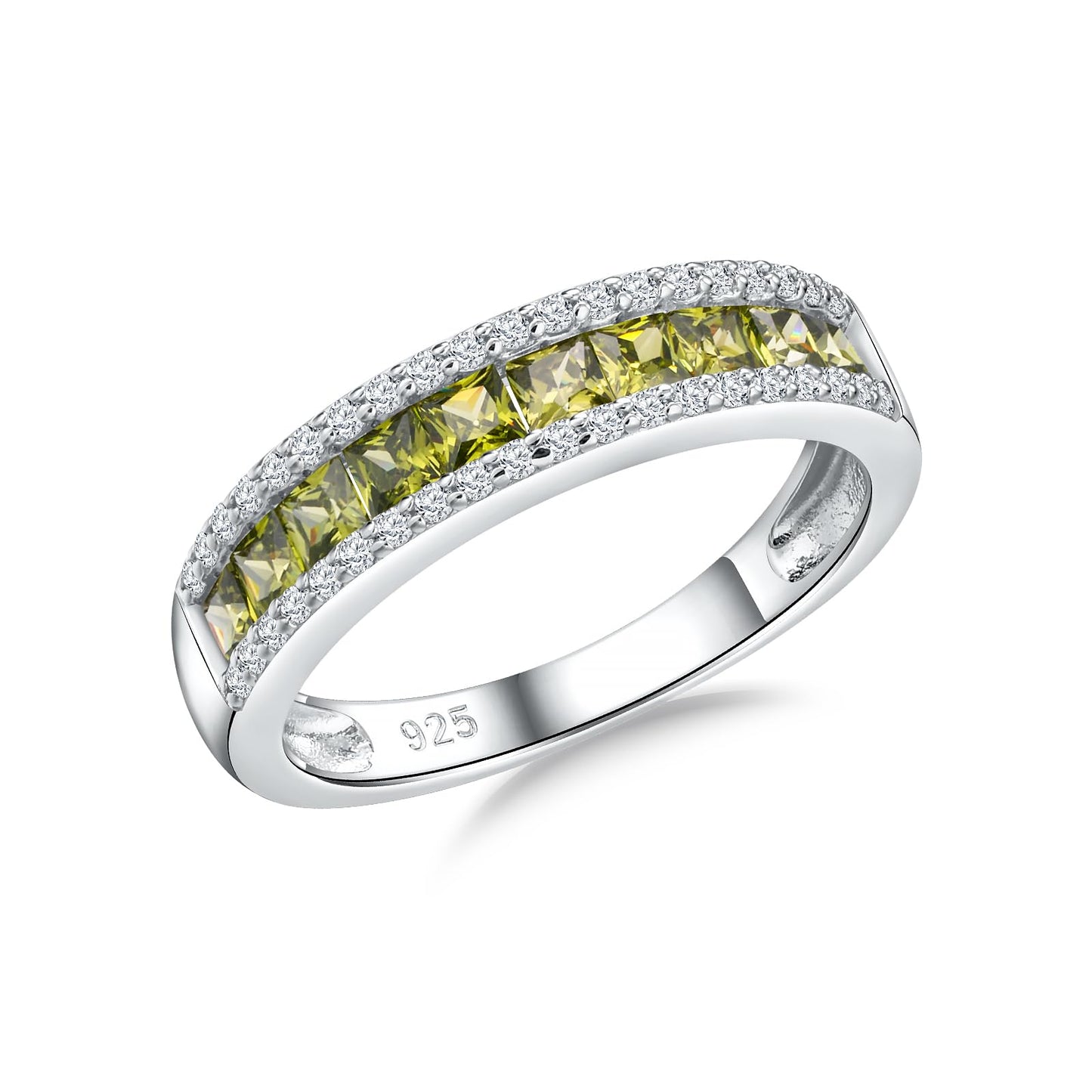 RANDES Peridot Band Rings for Women August Birthstone Ring 925 Sterling Silver Channel Set Princess Cut Anniversary Band Size 7
