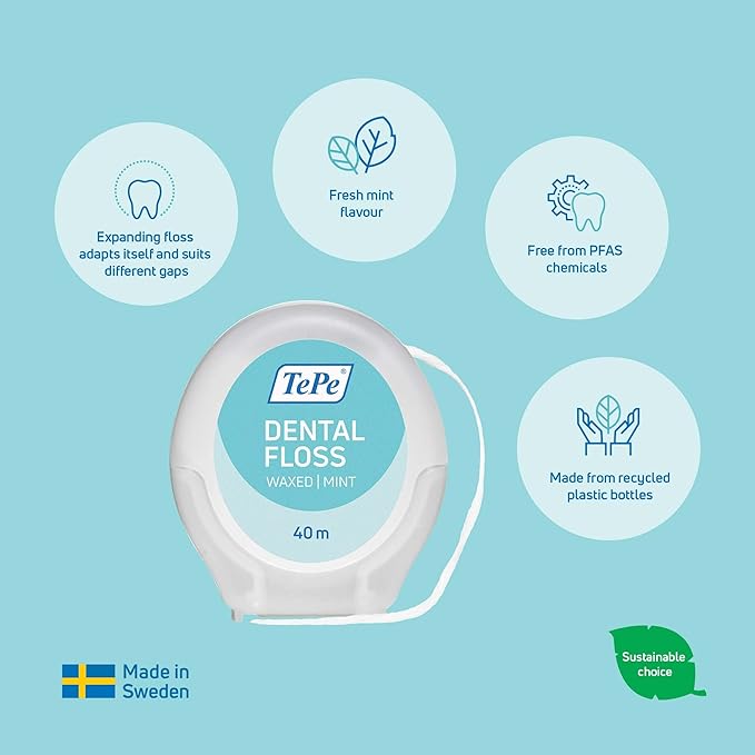 TePe Dental Floss, Waxed Mint-Flavored PFAS-Free Tooth Floss, 40 Meters