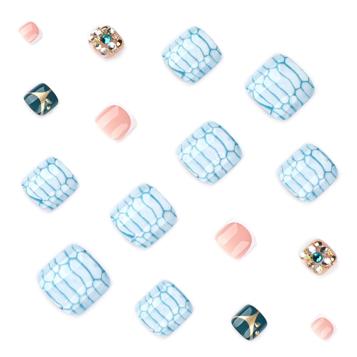 RUOKEXIN Short Press on Toenails French Tip Fake Toenails with Rhinestones Designs Square Toe Nail Press ons Sparkly Artificial Nails for Women 24Pcs