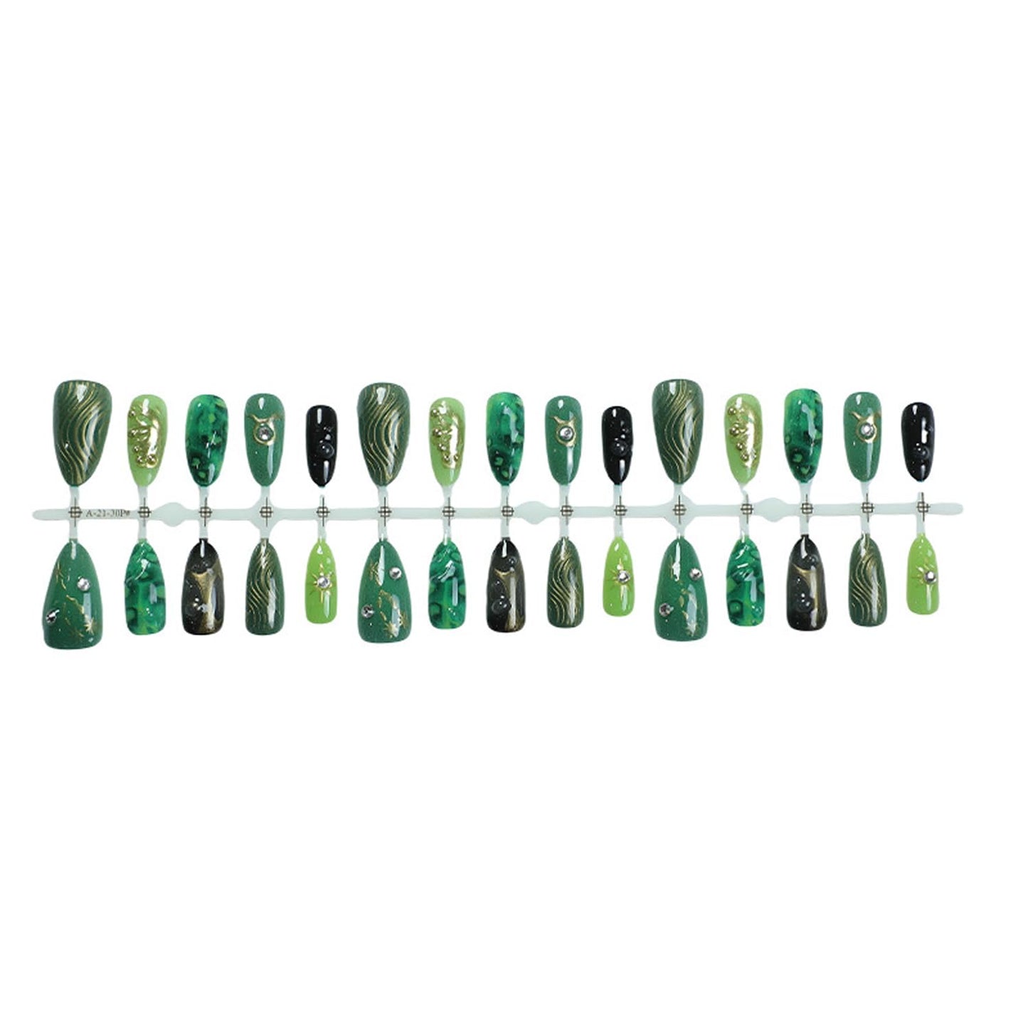 30Pcs Green Press on Nails Oval Almond Fake Nails Gold Butterfly Design Rhinestone Starlight Full Cover Nail Tips Handmade False Fingernails Medium Artificial Nails Cute Stick on Nails for Women DIY
