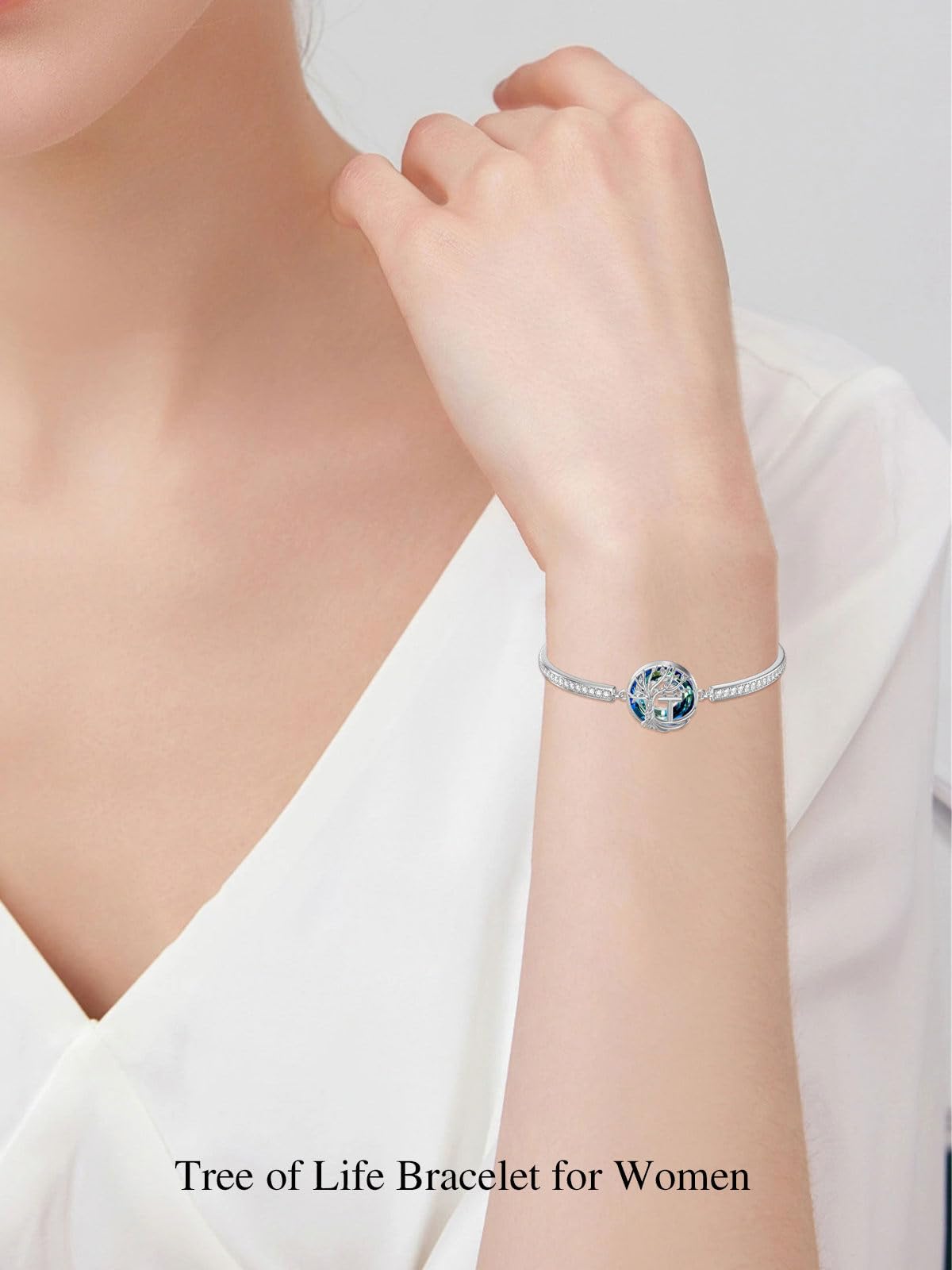 TOUPOP Tree of Life Bracelet Sterling Silver Initial T Letter Bangle Bracelet Family Tree Blue Crystal Jewelry Mothers Day Birthday Gifts for Women Mom Wife